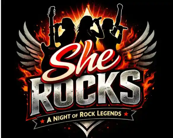 A bold graphic featuring the phrase "She Rocks" with fiery colors and rock-inspired elements, including silhouettes of female musicians holding guitars and microphones, set against a backdrop with wings and flames.