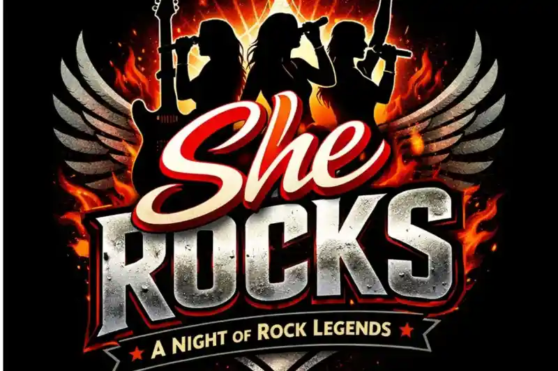 A bold graphic featuring the phrase "She Rocks" with fiery colors and rock-inspired elements, including silhouettes of female musicians holding guitars and microphones, set against a backdrop with wings and flames.