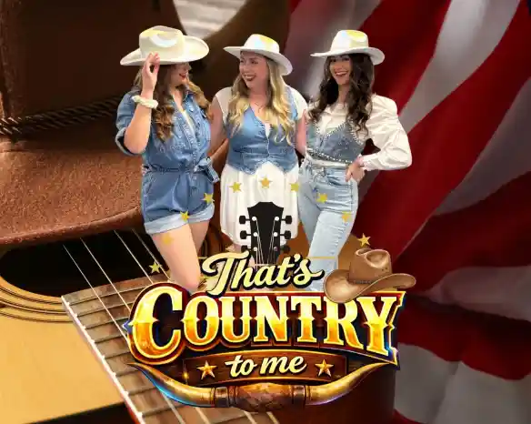 Three women dressed in matching denim outfits and cowboy hats pose playfully against a backdrop of a guitar and an American flag. The text "That's Country to Me" is prominently displayed at the bottom.