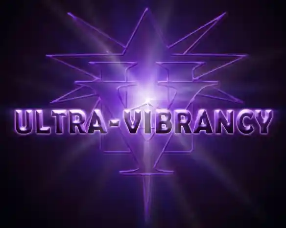 A stylized logo featuring the words "ULTRA-VIBRANCY" in bold, purple letters. The background is dark with a radiant star-like design emanating from the center.