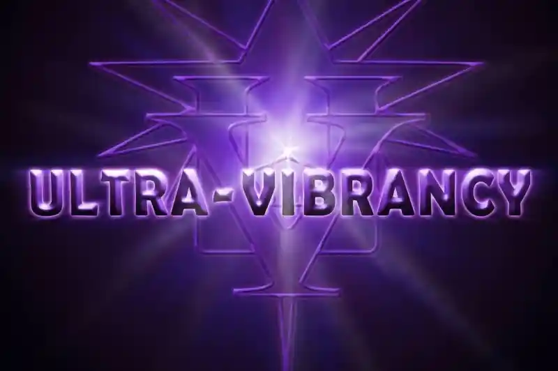 A stylized logo featuring the words "ULTRA-VIBRANCY" in bold, purple letters. The background is dark with a radiant star-like design emanating from the center.