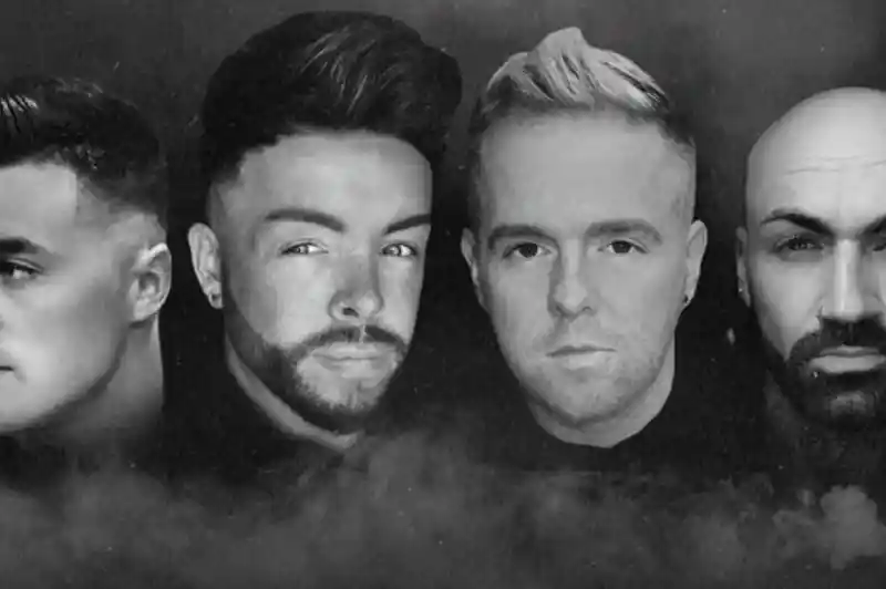Four male figures with varying hairstyles and facial expressions are set against a dark, smoky background. The imagery has a dramatic and artistic style, emphasizing their features.