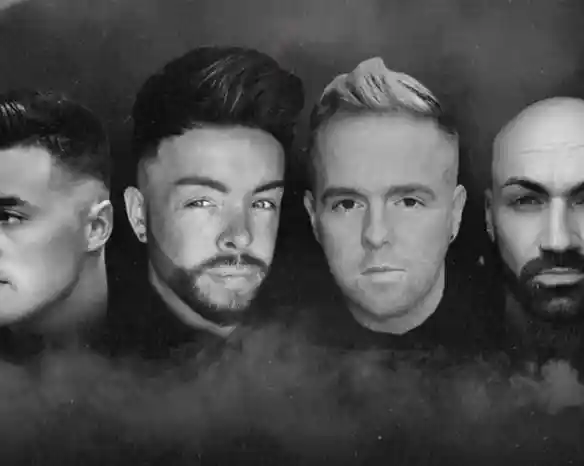 Four male figures with varying hairstyles and facial expressions are set against a dark, smoky background. The imagery has a dramatic and artistic style, emphasizing their features.