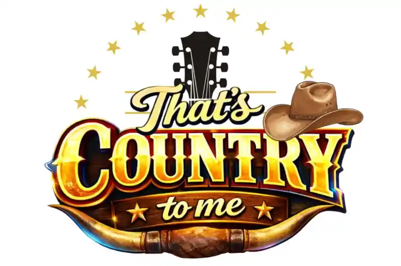 A logo featuring the text "That's Country to Me" in bold, stylized lettering. It includes a guitar silhouette at the top, a cowboy hat on the right, and decorative stars surrounding the text. A horned design is showcased at the bottom.