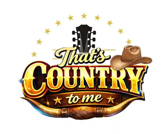 A logo featuring the text "That's Country to Me" in bold, stylized lettering. It includes a guitar silhouette at the top, a cowboy hat on the right, and decorative stars surrounding the text. A horned design is showcased at the bottom.