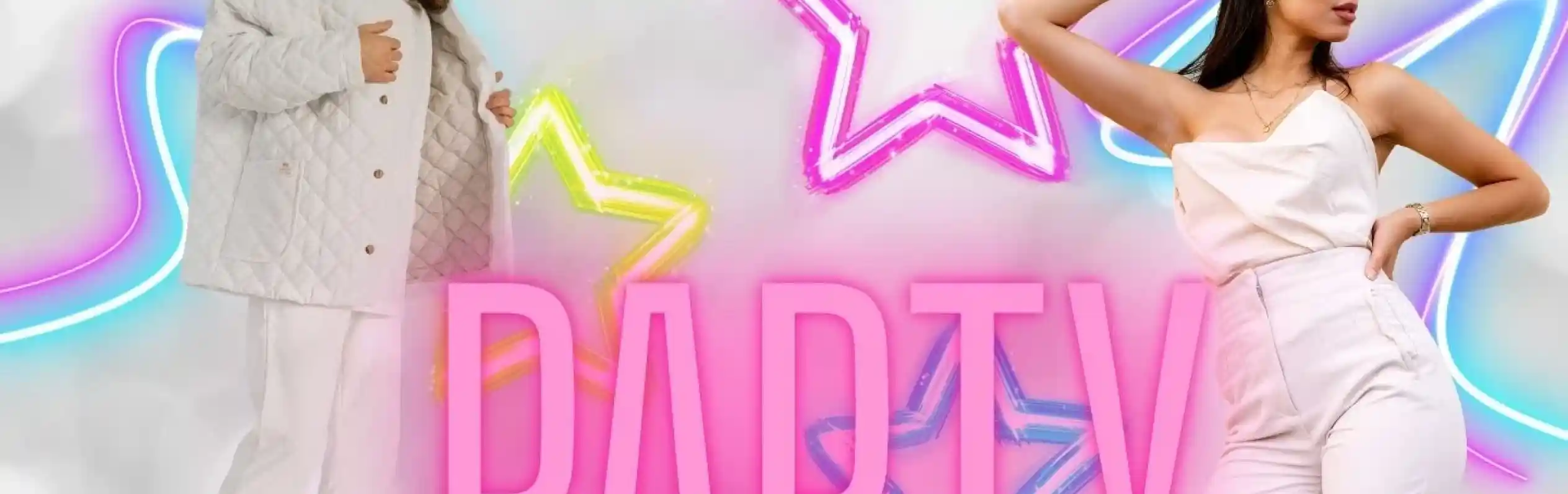 A DJ and a woman are posing in stylish white outfits against a colorful neon party backdrop featuring stars and a disco ball. The word "PARTY" is prominently displayed in large letters.