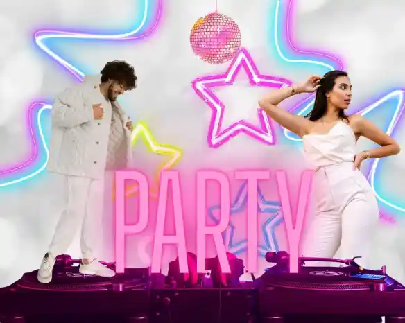A DJ and a woman are posing in stylish white outfits against a colorful neon party backdrop featuring stars and a disco ball. The word "PARTY" is prominently displayed in large letters.