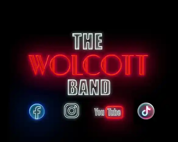 Neon-style text displays "The Wolcott Band" with social media icons for Facebook, Instagram, YouTube, and TikTok below it on a black background.