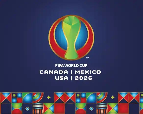 FIFA World Cup 2026 logo featuring a colorful trophy design with green, blue, and red elements. Below, the text reads "Canada | Mexico | USA | 2026" against a dark blue background. Geometric patterns in vibrant colors adorn the bottom.