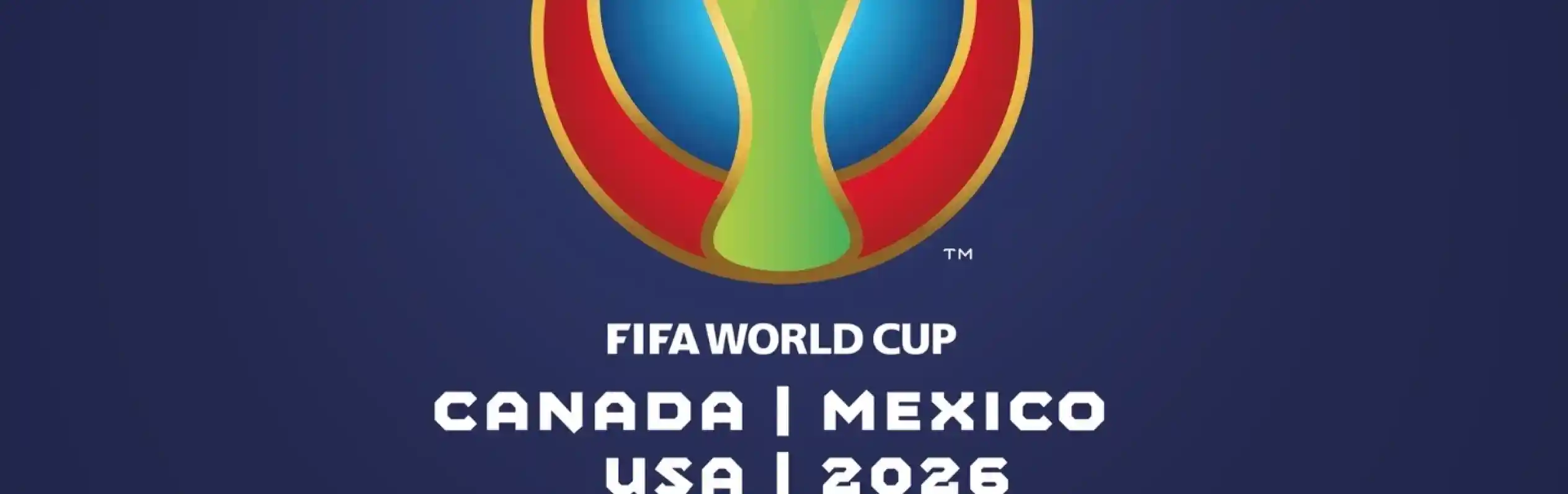 FIFA World Cup 2026 logo featuring a colorful trophy design with green, blue, and red elements. Below, the text reads "Canada | Mexico | USA | 2026" against a dark blue background. Geometric patterns in vibrant colors adorn the bottom.