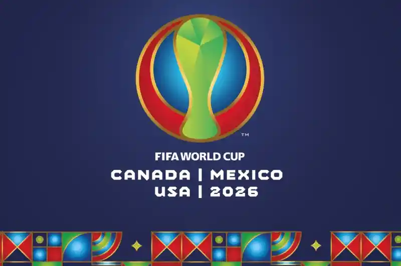 FIFA World Cup 2026 logo featuring a colorful trophy design with green, blue, and red elements. Below, the text reads "Canada | Mexico | USA | 2026" against a dark blue background. Geometric patterns in vibrant colors adorn the bottom.