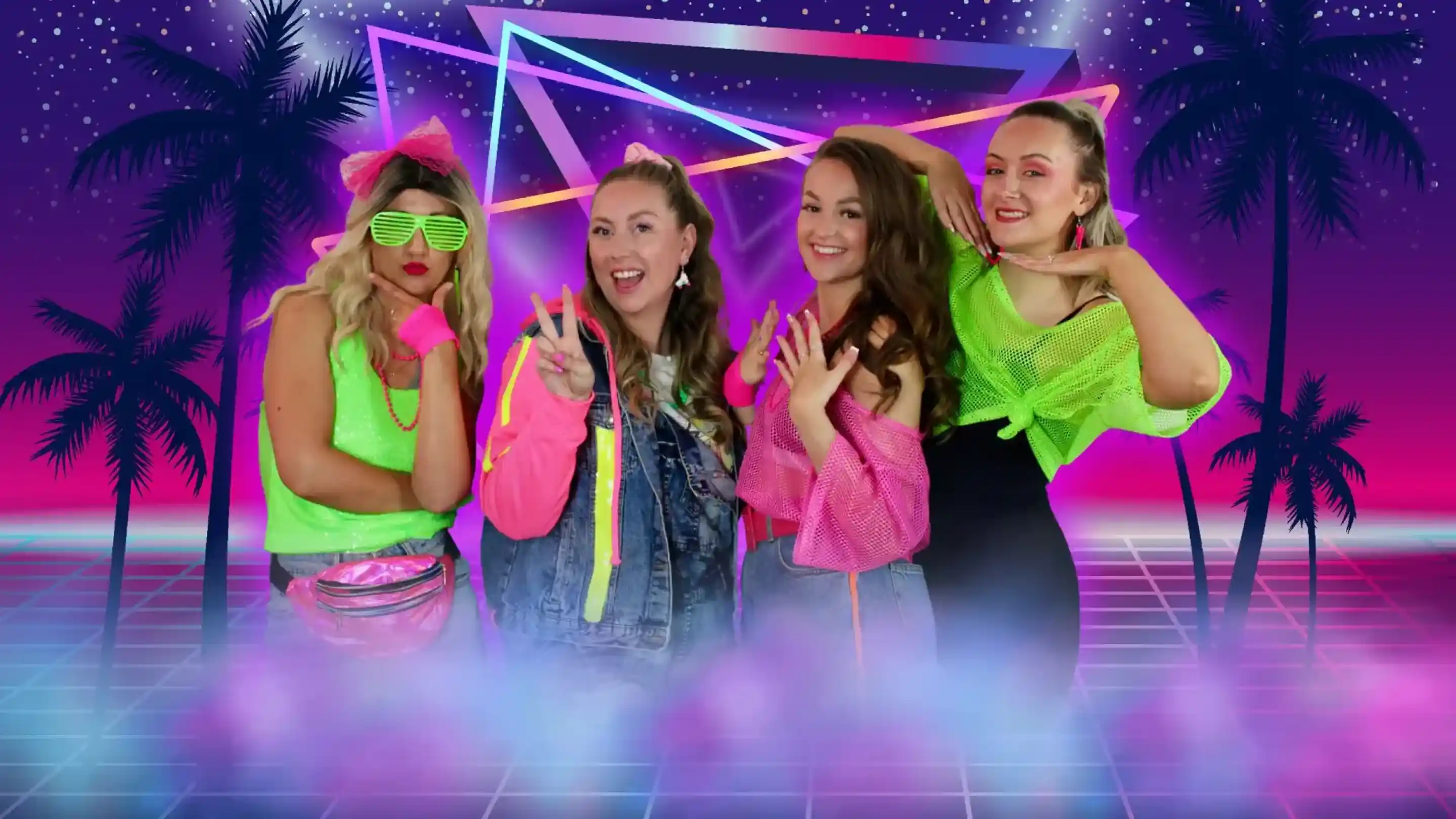 Four women pose together in vibrant 80s-inspired outfits with neon colors, playful accessories, and bold hairstyles. The background features geometric shapes and a colorful, retro aesthetic with a starry night sky.