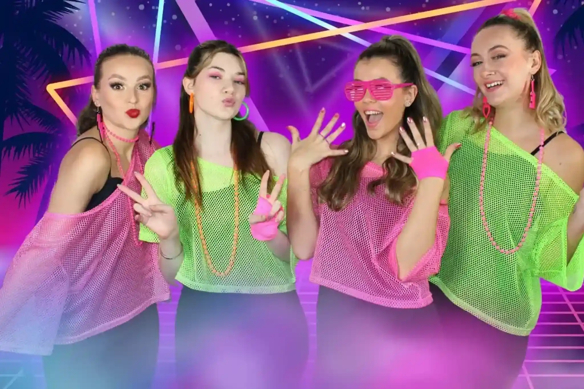 Four young women pose together, wearing colorful neon mesh tops and accessories. They have playful expressions and are surrounded by a vibrant, retro-themed background with geometric patterns and neon lights.