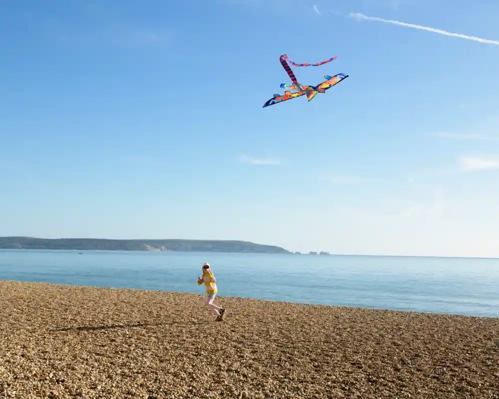 A child in a yellow jacket runs along a pebbly beach, flying a colorful kite against a clear blue sky. The calm sea is visible in the background, with hills in the distance.
