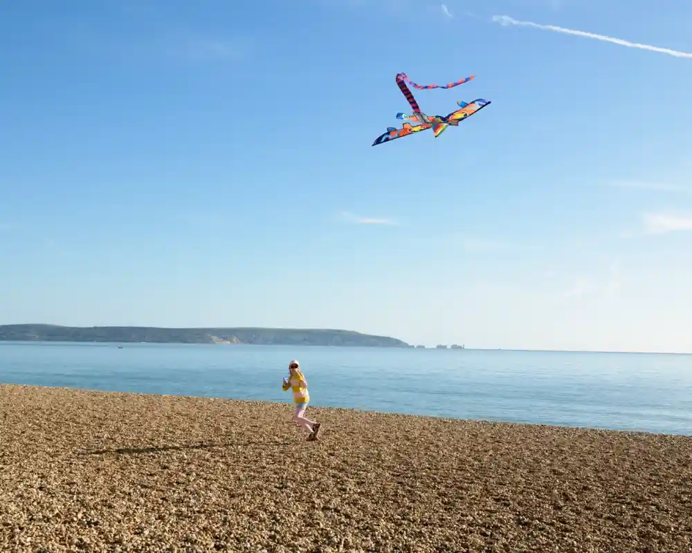 A child in a yellow jacket runs along a pebbly beach, flying a colorful kite against a clear blue sky with distant hills and water in the background.