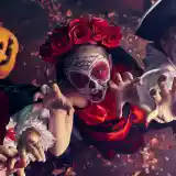 Three kids in costumes pose dramatically for Halloween. One child wears a traditional Día de los Muertos outfit with a skull face paint and flower crown. Another is dressed as a vampire with a cape, while the third is a pirate. They have playful expressions and are reaching toward the camera. Behind them, a pumpkin adds to the festive atmosphere.