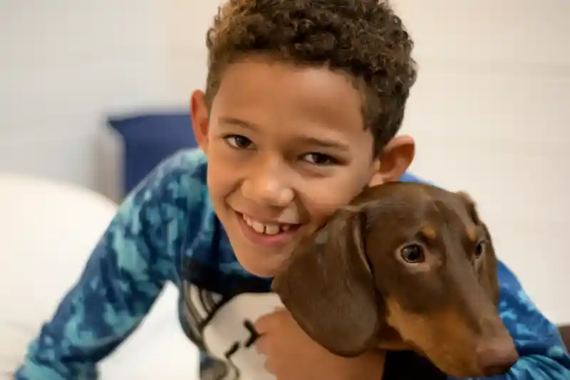 A young boy with curly hair smiles while hugging a brown dog in a cozy setting. The boy is wearing a blue tie-dye shirt.