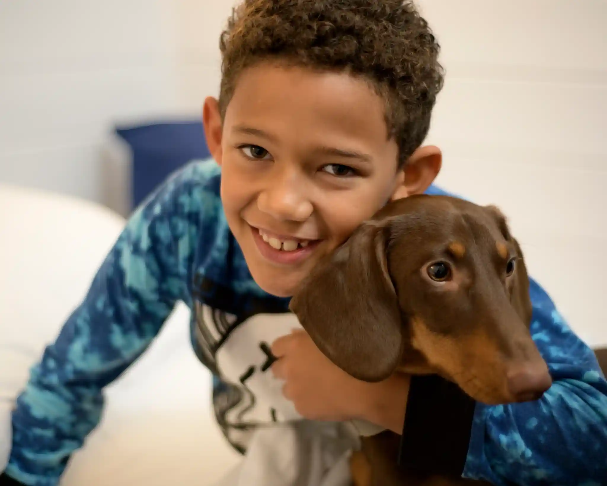 A young boy with curly hair smiles while hugging a brown dog in a cozy setting. The boy is wearing a blue tie-dye shirt.