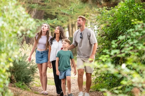 A family of four explores a wooded path, looking up in wonder. The parents stand close to their children, who appear curious. The setting is lush with greenery.
