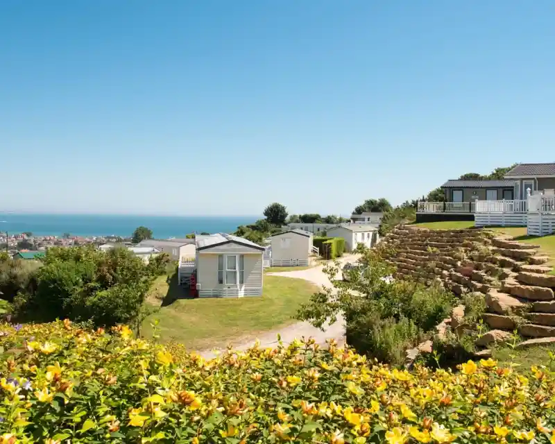 A scenic view of a coastal area featuring several white holiday homes surrounded by lush greenery and vibrant yellow flowers. The ocean is visible in the background under a clear blue sky.