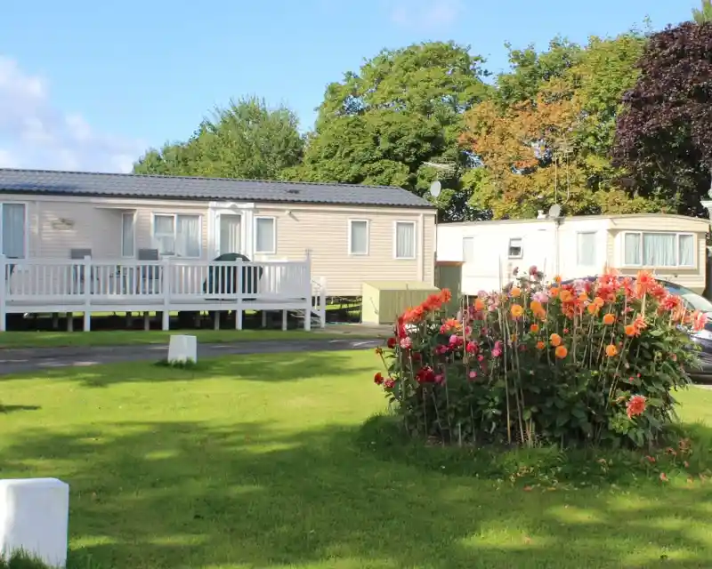 A row of static caravans is set in a lush green area, with a circular flower bed filled with vibrant blooms in the foreground. Tall trees and a clear blue sky complete the tranquil scene.
