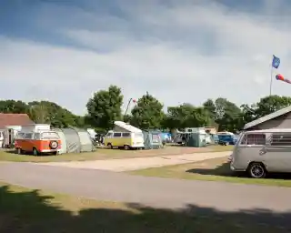 A campsite featuring several vintage camper vans and tents under a clear blue sky. Lush green trees line the background, and colorful flags are visible in the distance.