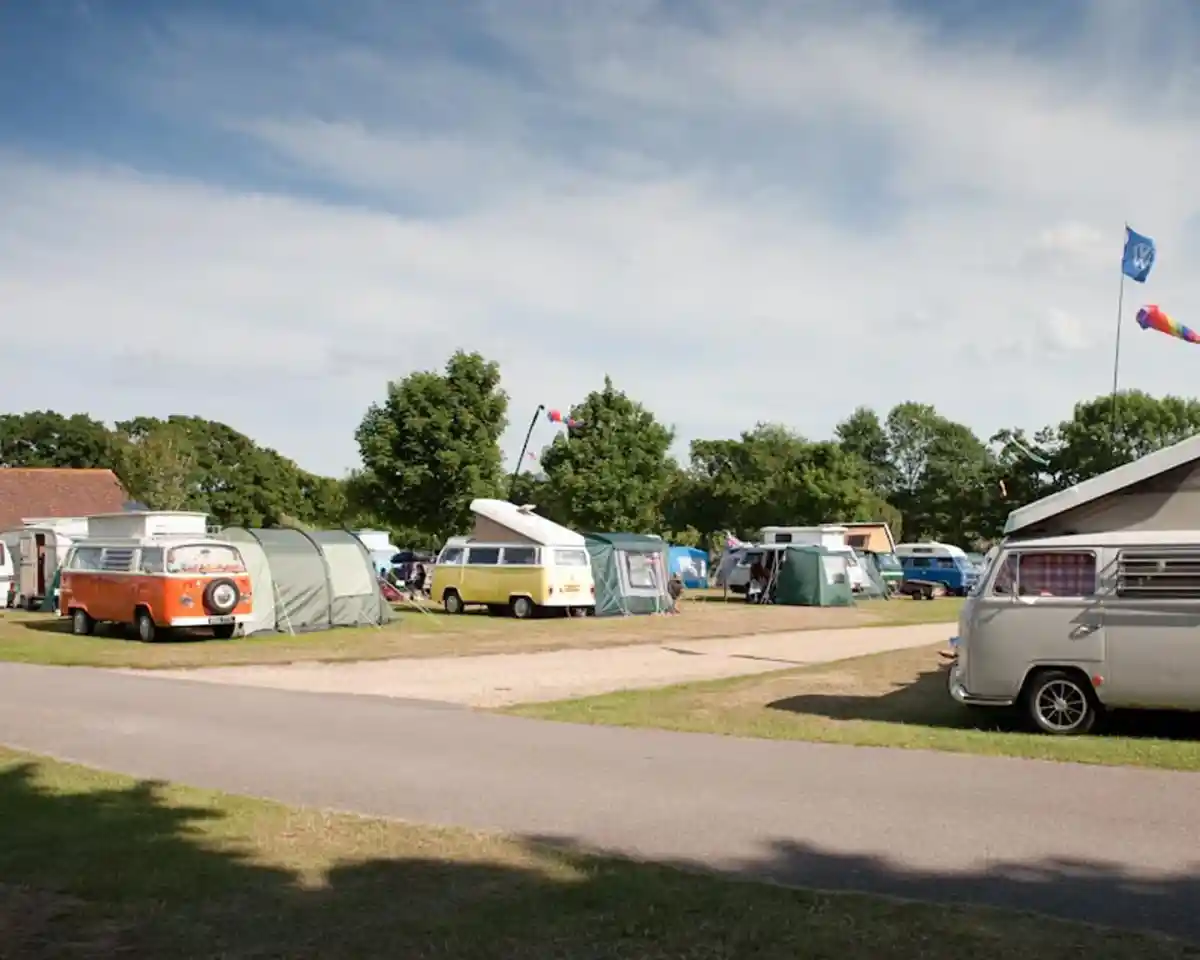A campsite featuring several vintage camper vans and tents under a clear blue sky. Lush green trees line the background, and colorful flags are visible in the distance.