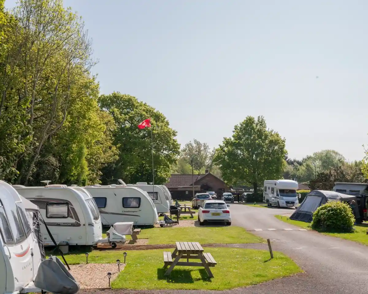 A scenic camping site featuring several caravans and motorhomes lined along a tree-lined pathway. A picnic table is visible in the foreground, and a red flag flies on a pole in the background under a clear blue sky.
