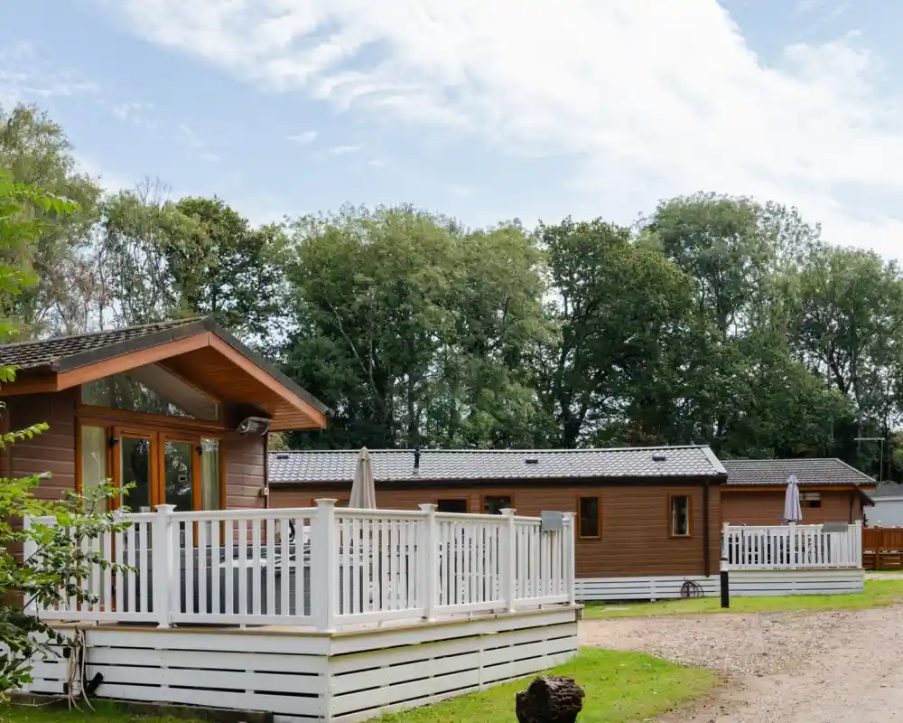 Wooden holiday cabins with porches are lined up in a green outdoor space, surrounded by trees and a cloudy sky.