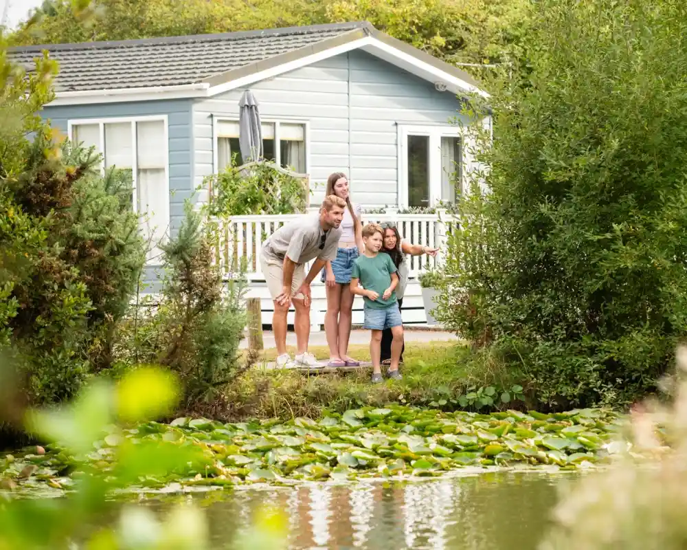 A family stands on a wooden deck in front of a blue cottage, leaning over to look at a pond filled with lily pads. They appear excited and engaged, surrounded by greenery.