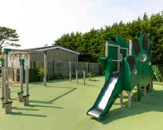 A colorful playground featuring a dragon-themed climbing structure with a slide, surrounded by green flooring and trees in the background. Various climbing and exercise apparatus are also visible.