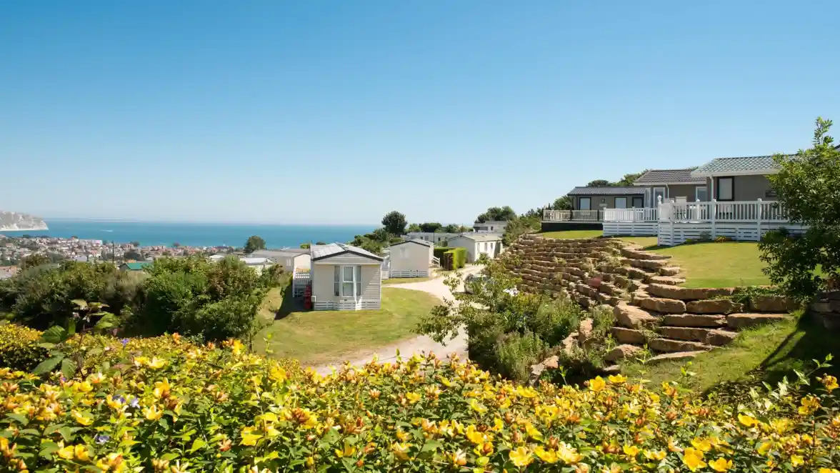 A vibrant landscape featuring colourful flowers in the foreground, with rows of white cabins and a grassy area leading to a coastal view. The sky is clear and blue, and the ocean is visible in the distance.