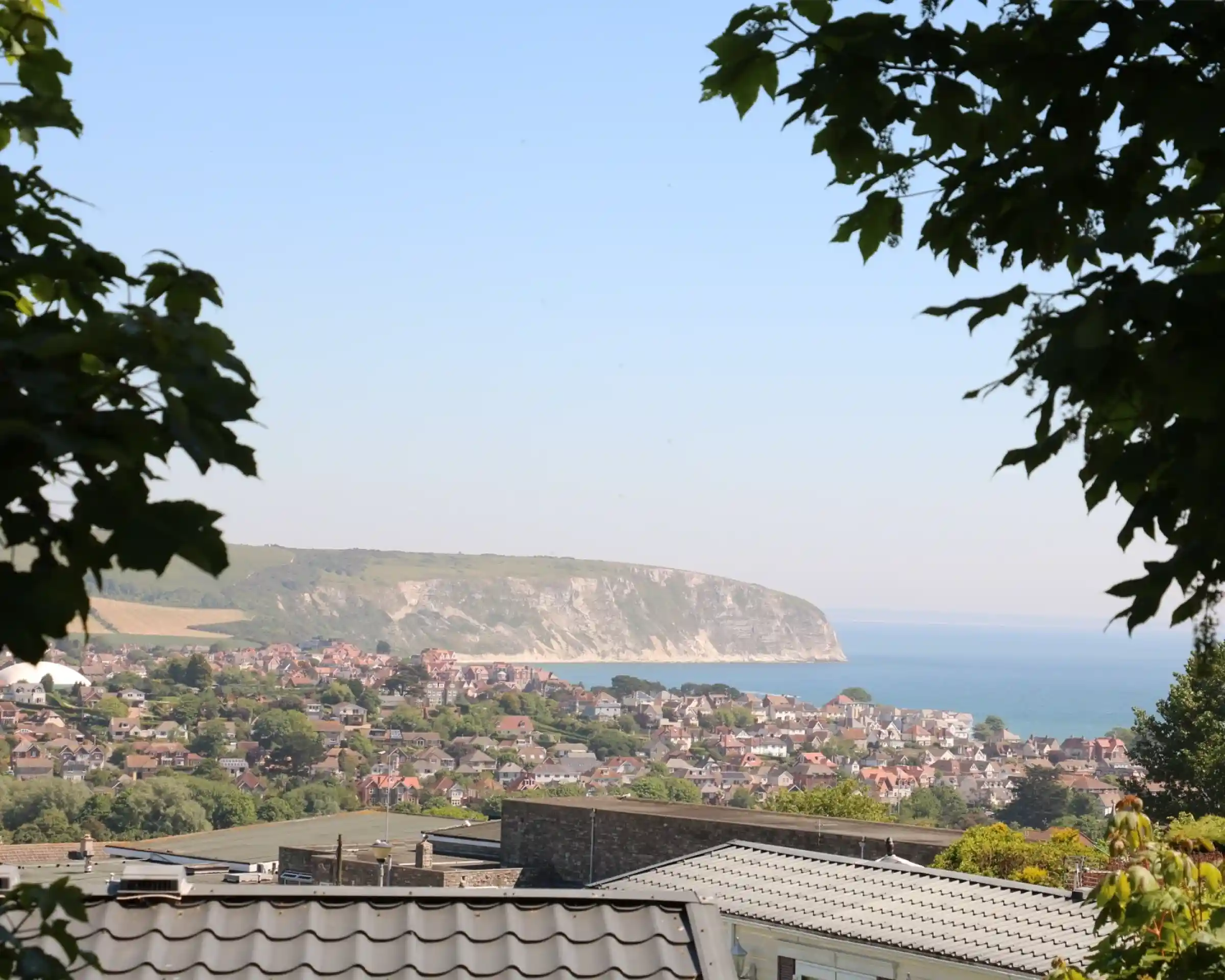 A coastal view featuring a beach and cliffs in the distance, with a town nestled below, framed by green leaves in the foreground. The sky is clear and blue, and the sea sparkles under the sunlight.
