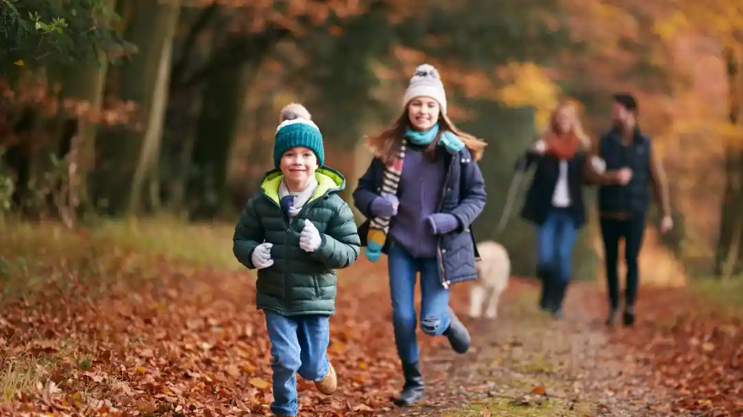 A child in a green jacket and blue hat runs happily along a leaf-covered path, with a smiling girl in a dark coat behind him. Autumn trees with colorful foliage surround the scene, while two adults and a dog walk in the background.