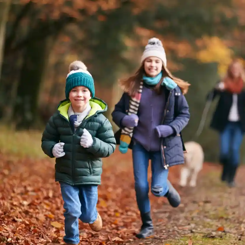 A child in a green jacket and blue hat runs happily along a leaf-covered path, with a smiling girl in a dark coat behind him. Autumn trees with colorful foliage surround the scene, while two adults and a dog walk in the background.