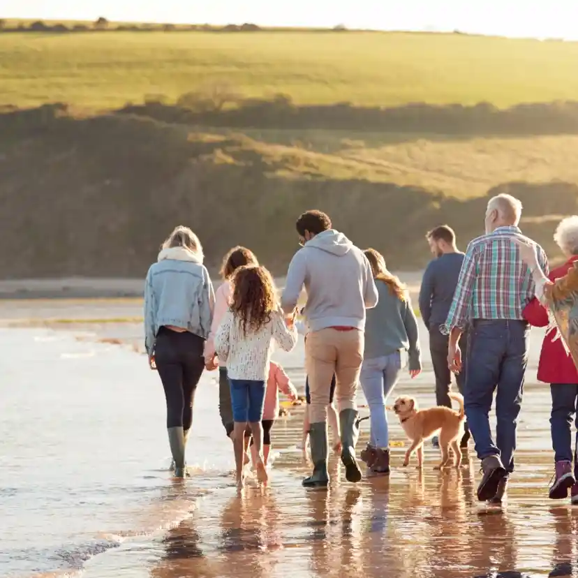 A diverse group of people walks along a beach at sunset, splashing through shallow water. They range in age from children to seniors, wearing casual clothing and boots. A dog accompanies the group as they stroll on the sandy shore, with lush green hills in the background.