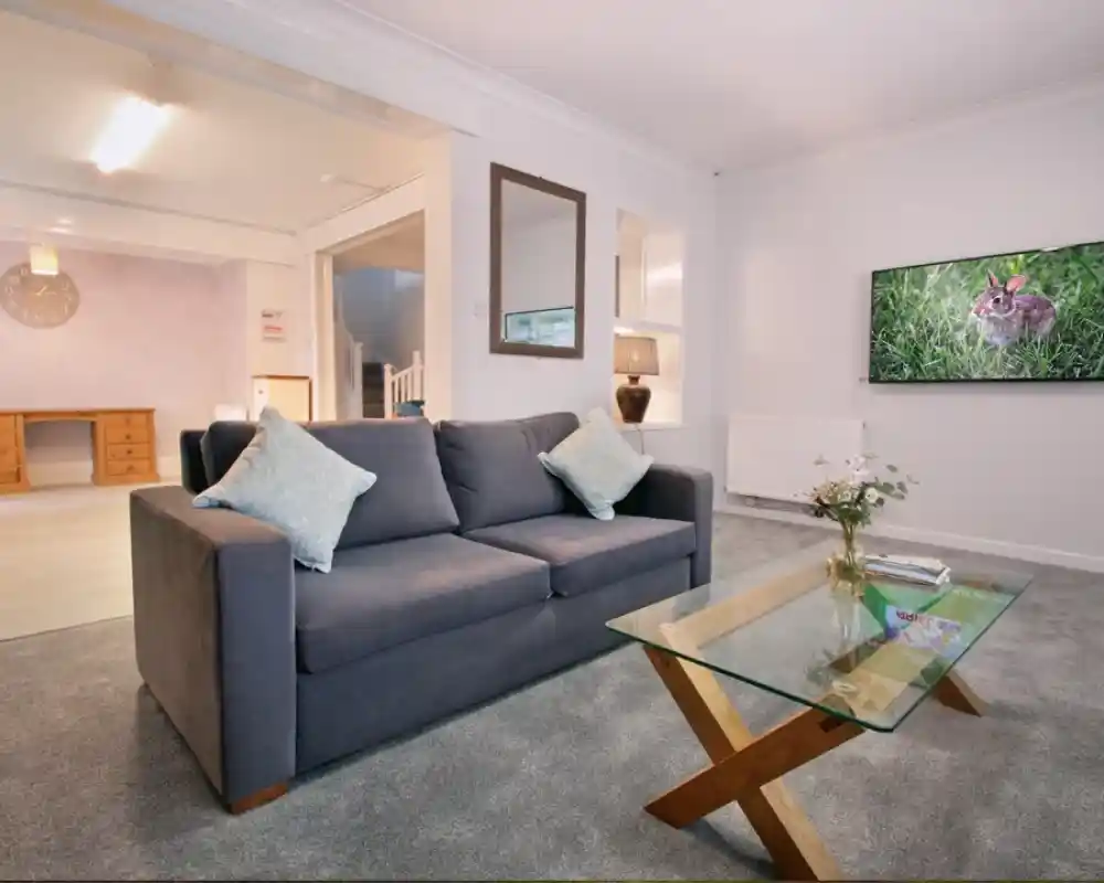 A modern living room featuring a gray sofa with decorative pillows, a glass coffee table with wooden legs, and a flat-screen TV on the wall displaying an image of a rabbit. The space is bright with neutral colors and has a cozy atmosphere.