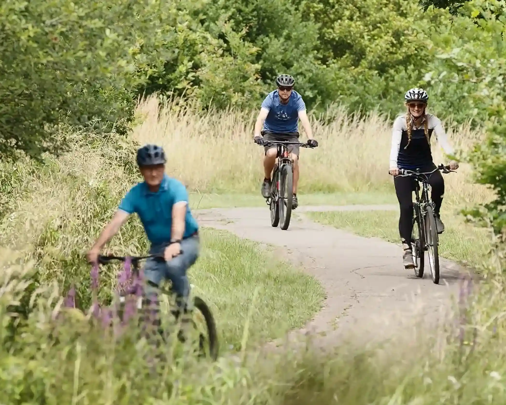 Three cyclists ride along a winding path in a lush green landscape. Two wear helmets and casual athletic clothing, while one cyclist, in a blue shirt, rides ahead on a bike. Tall grass and wildflowers line the path, creating a vibrant outdoor scene.
