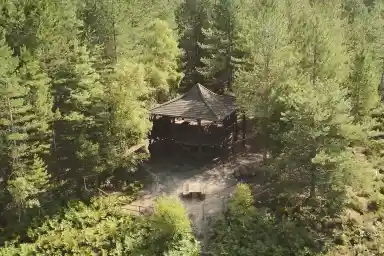 A wooden gazebo nestled among dense green trees in a forested area, surrounded by lush foliage and a gravel pathway.