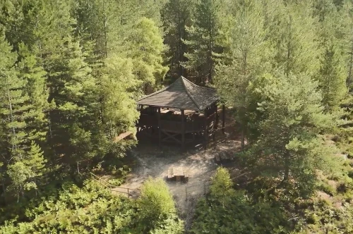 A wooden gazebo nestled among dense green trees in a forested area, surrounded by lush foliage and a gravel pathway.