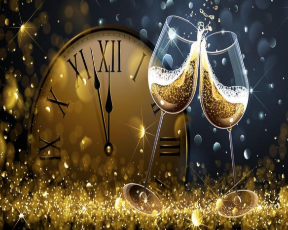 Two champagne glasses clink together in celebration, with bubbles rising in the sparkling liquid. In the background, a large clock shows the time approaching midnight, surrounded by golden glitter and festive lights.