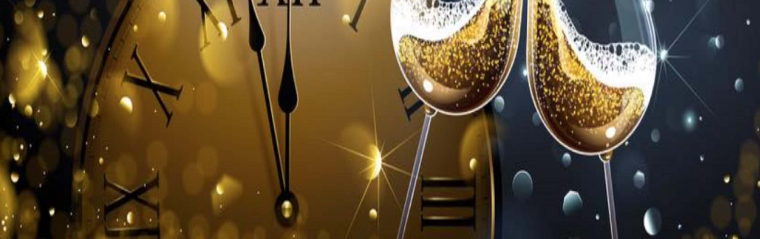 Two champagne glasses clink together in celebration, with bubbles rising in the sparkling liquid. In the background, a large clock shows the time approaching midnight, surrounded by golden glitter and festive lights.