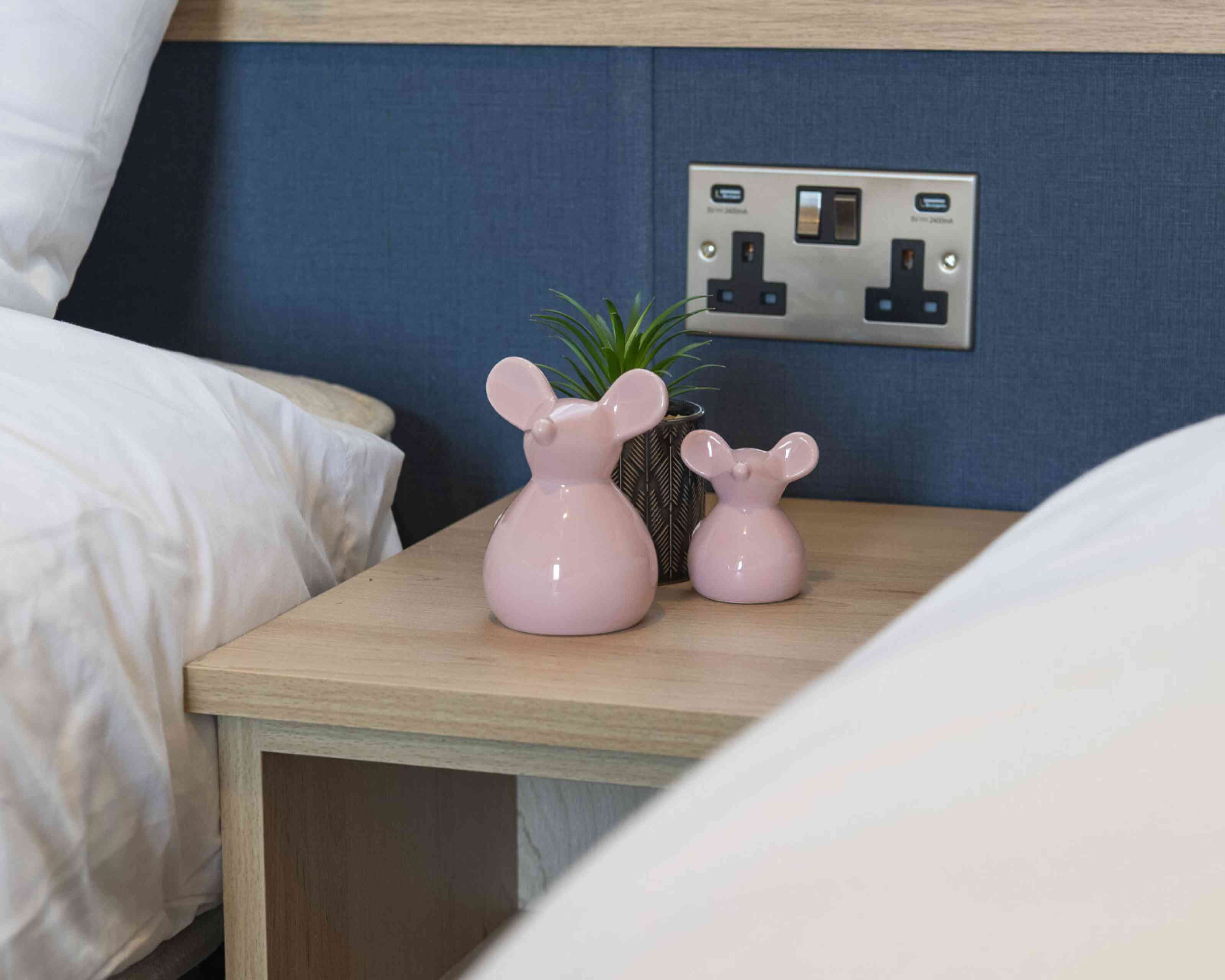 Twin beds with a nightstand between it, featuring a pink mouse ornaments, plant and electric sockets