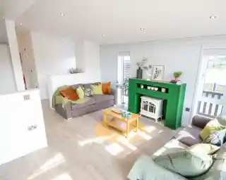 A modern living room features two sofas, a bright green fireplace with a white electric stove, and a light wood coffee table.