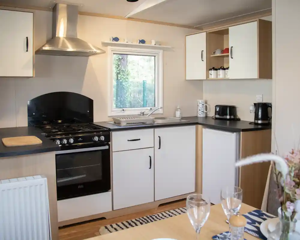 A modern kitchen featuring a black oven and stovetop, white cabinets, and a window overlooking greenery. Countertops are black, with a sink and coffee maker visible. A dining table is set with two wine glasses in the foreground.