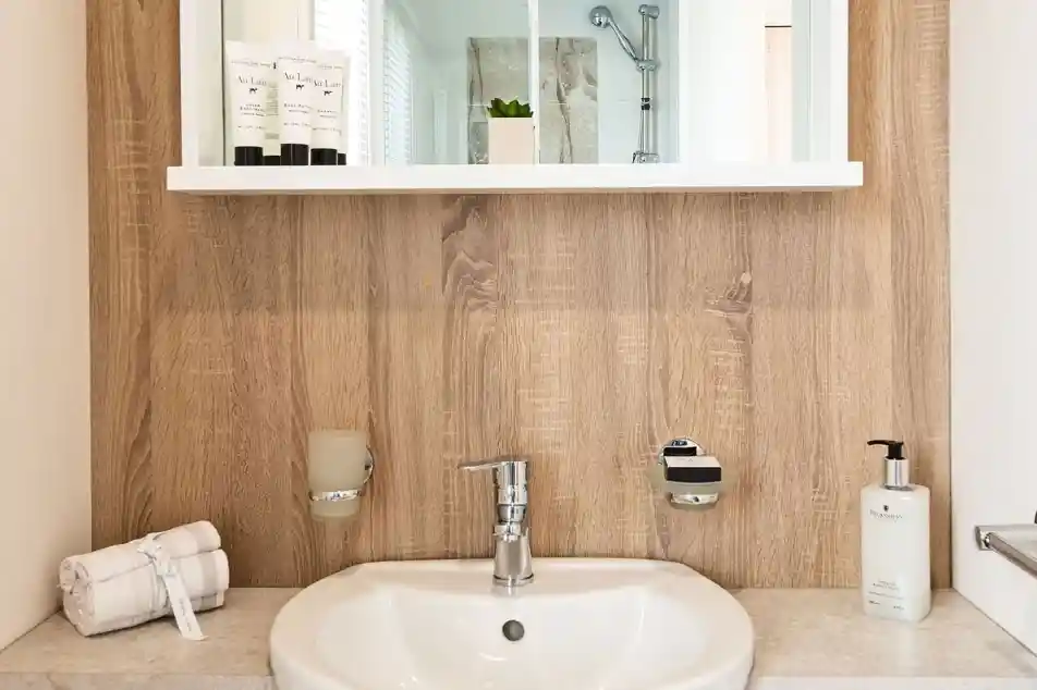 Modern bathroom sink area with a chrome tap, mounted soap dispenser, and beige countertop. A wooden-style wall panel holds a shelf with toiletries and a small potted plant. A shower enclosure with glass doors is reflected in the mirror above.