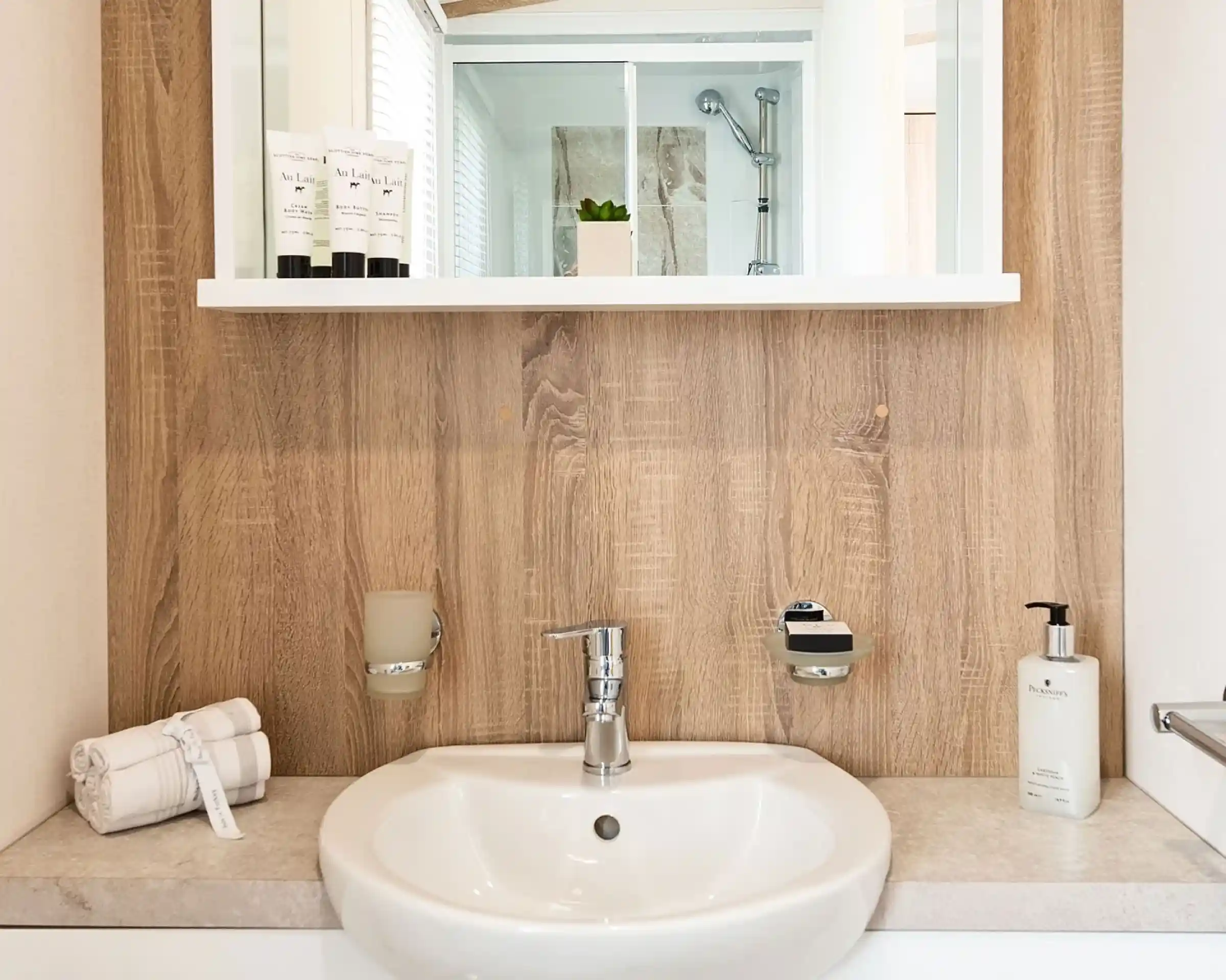 Modern bathroom sink area with a chrome tap, mounted soap dispenser, and beige countertop. A wooden-style wall panel holds a shelf with toiletries and a small potted plant. A shower enclosure with glass doors is reflected in the mirror above.