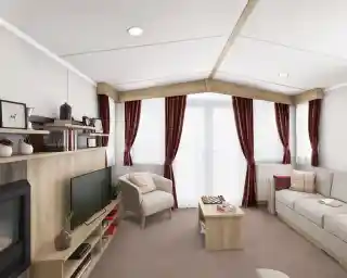 Bright lounge with light colours sofa and tub chair, with a coffee table, TV and fireplace