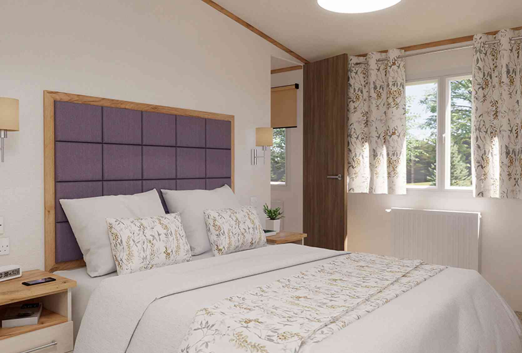 A stylish bedroom featuring a double bed, two bedside tables and a window, creating a warm and inviting atmosphere.