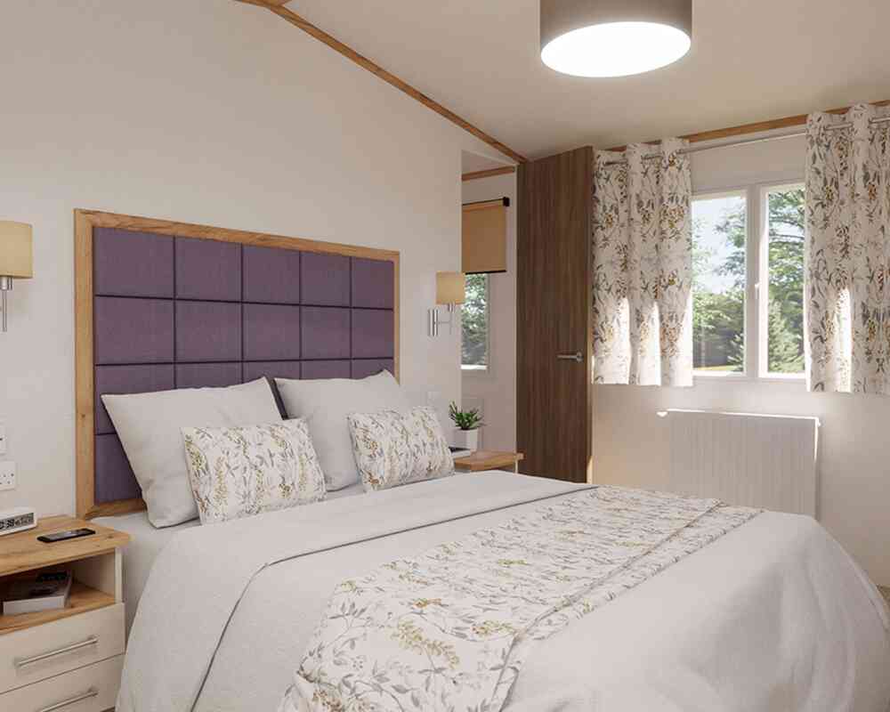 A stylish bedroom featuring a double bed, two bedside tables and a window, creating a warm and inviting atmosphere.